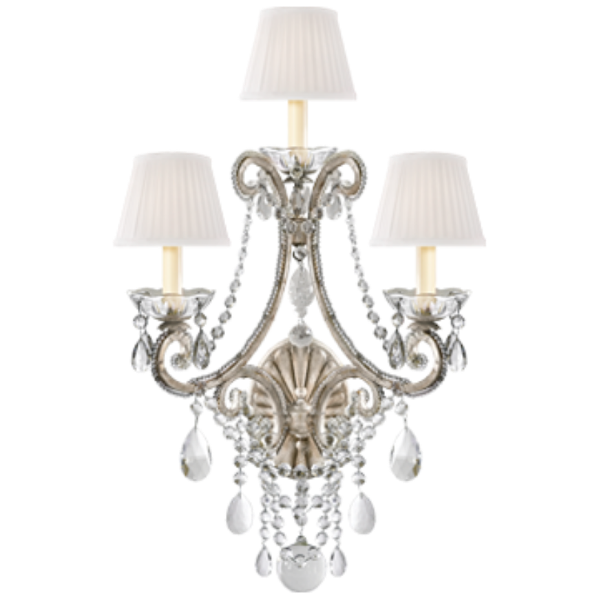 Picture of ADRIANNA TRIPLE SCONCE IN ANTIQUE SILVER LEAF AND CRYSTAL WITH SILK SHADES